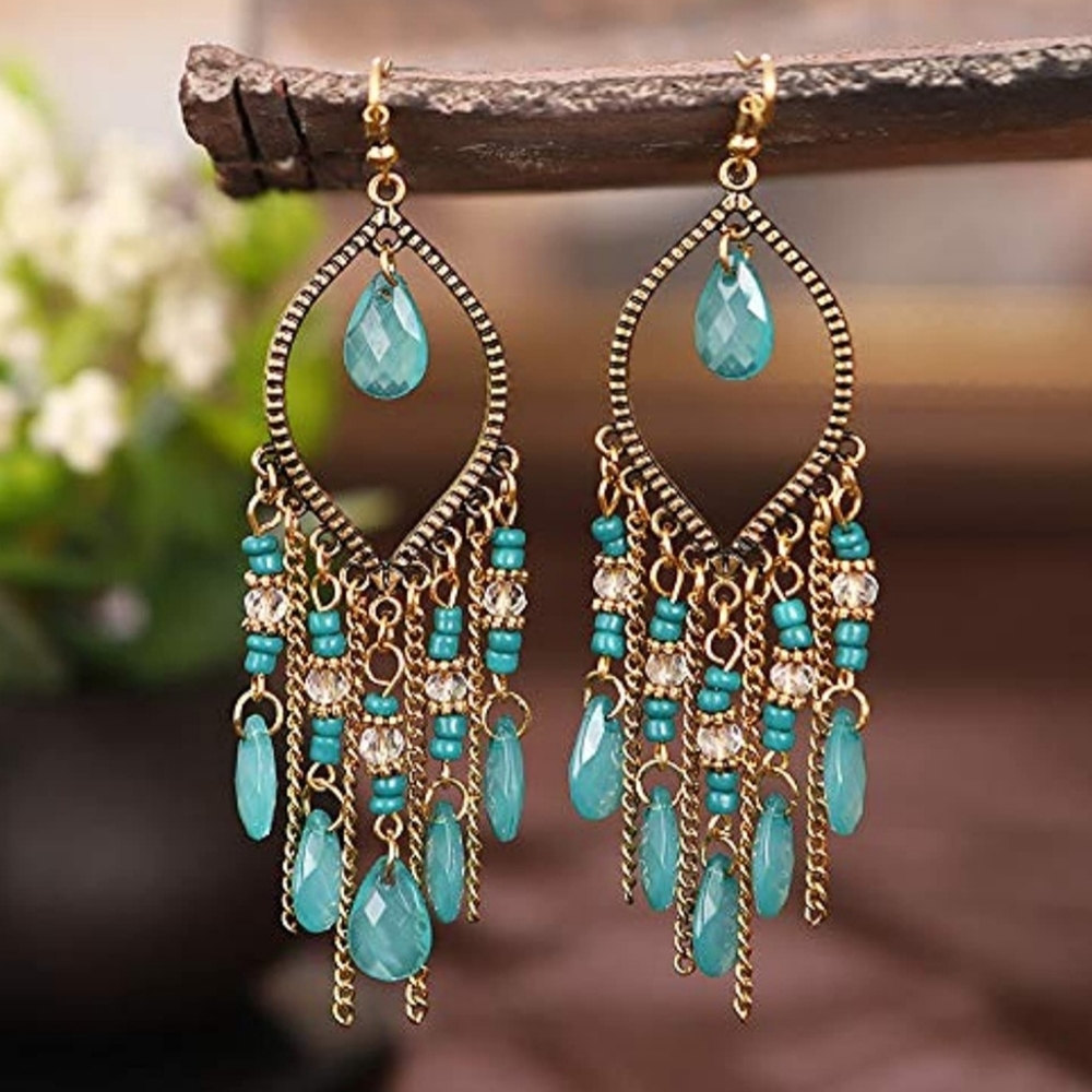 Bohemian Boho Green Beaded Dangle Tassel Earrings